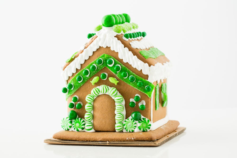 festive light green gingerbread house.
