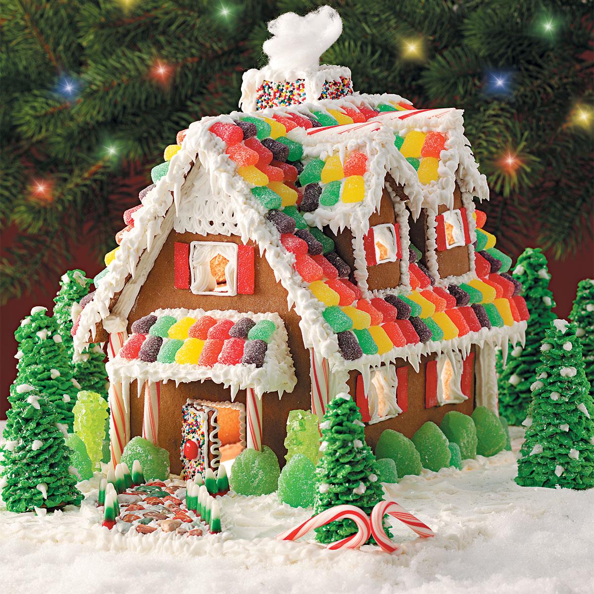 classic gumdrop gingerbread house with cotton ball smoke.