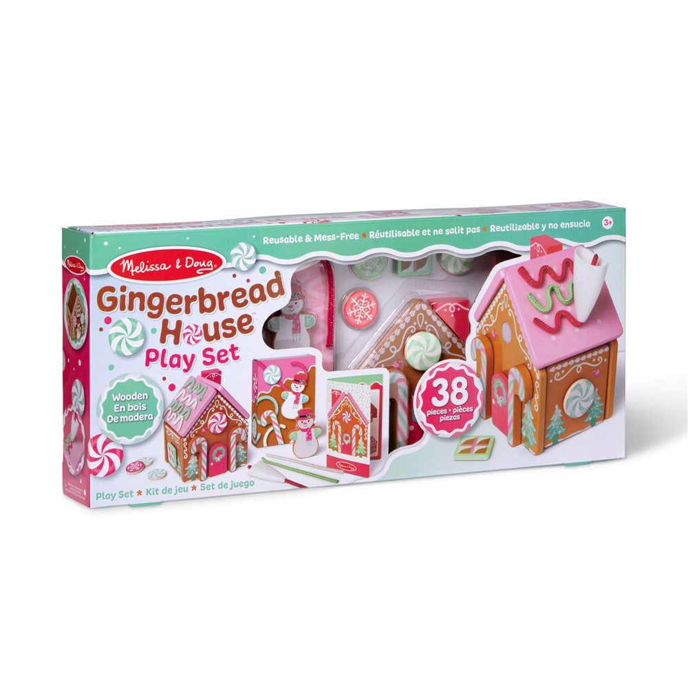 Melissa and Doug classic Gingerbread House Play Set box with a pink roofed house, marked 38 pieces, wooden and 3 plus