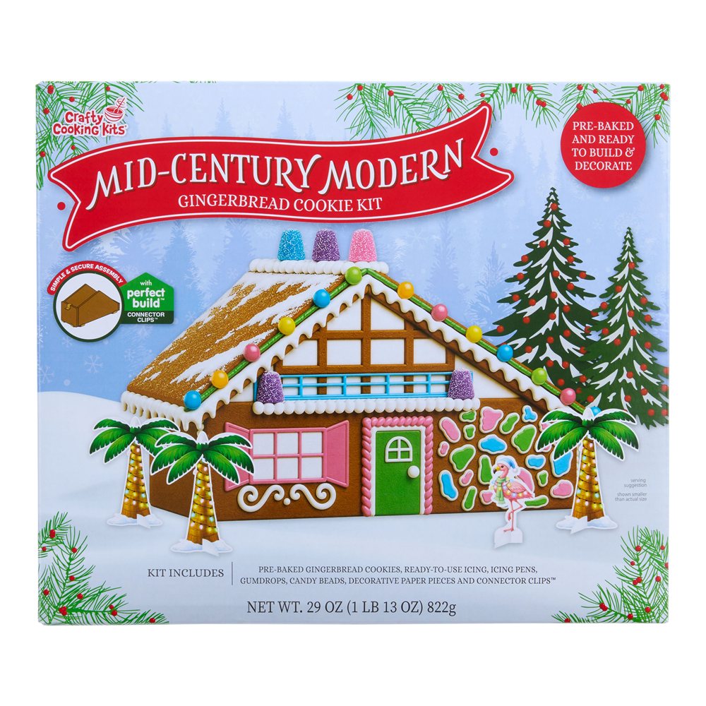 Crafty Cooking Kits mid-century modern gingerbread cookie kit box showing a decorated A-frame style house