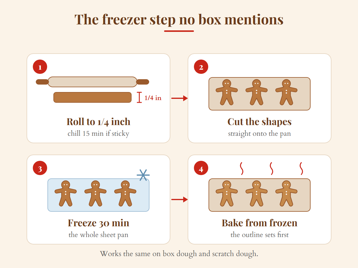Gingerbread cookie mix cut-outs in four steps: roll to 1/4 inch, cut, freeze the pan 30 minutes, bake from frozen