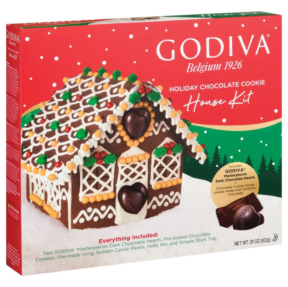 Godiva holiday chocolate cookie house kit box showing a chocolate house with heart decorations