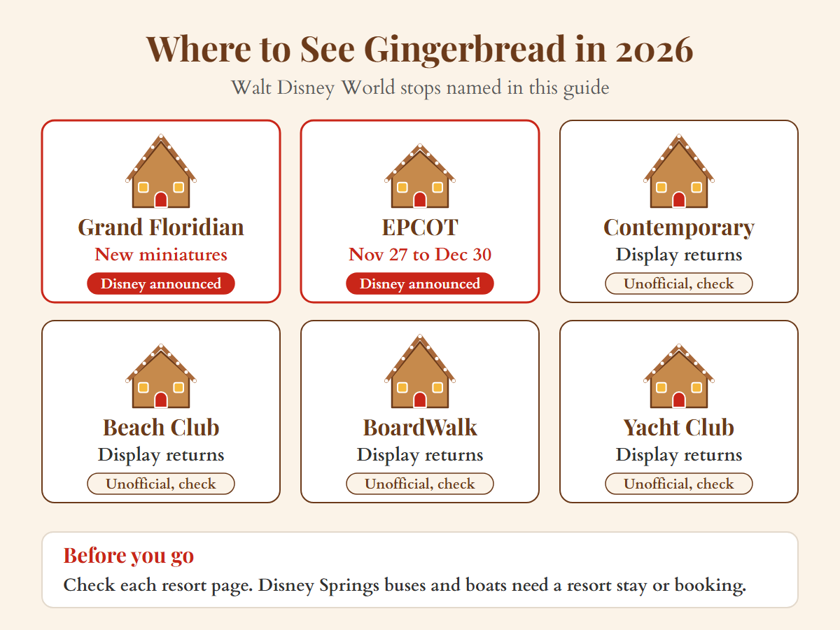 Grand Floridian gingerbread house and other Disney World gingerbread in 2026: EPCOT and four resorts on an unofficial list