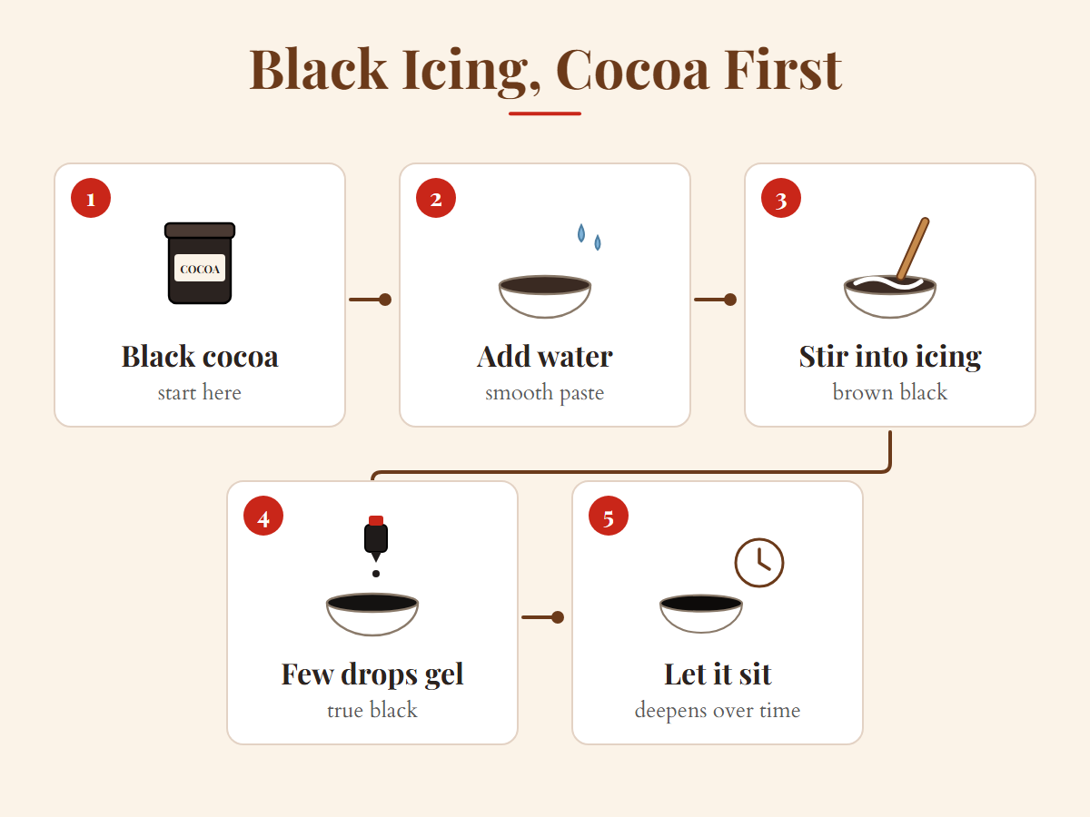 Halloween gingerbread house black icing: black cocoa, water for a paste, stir into icing, a few drops of black gel, rest
