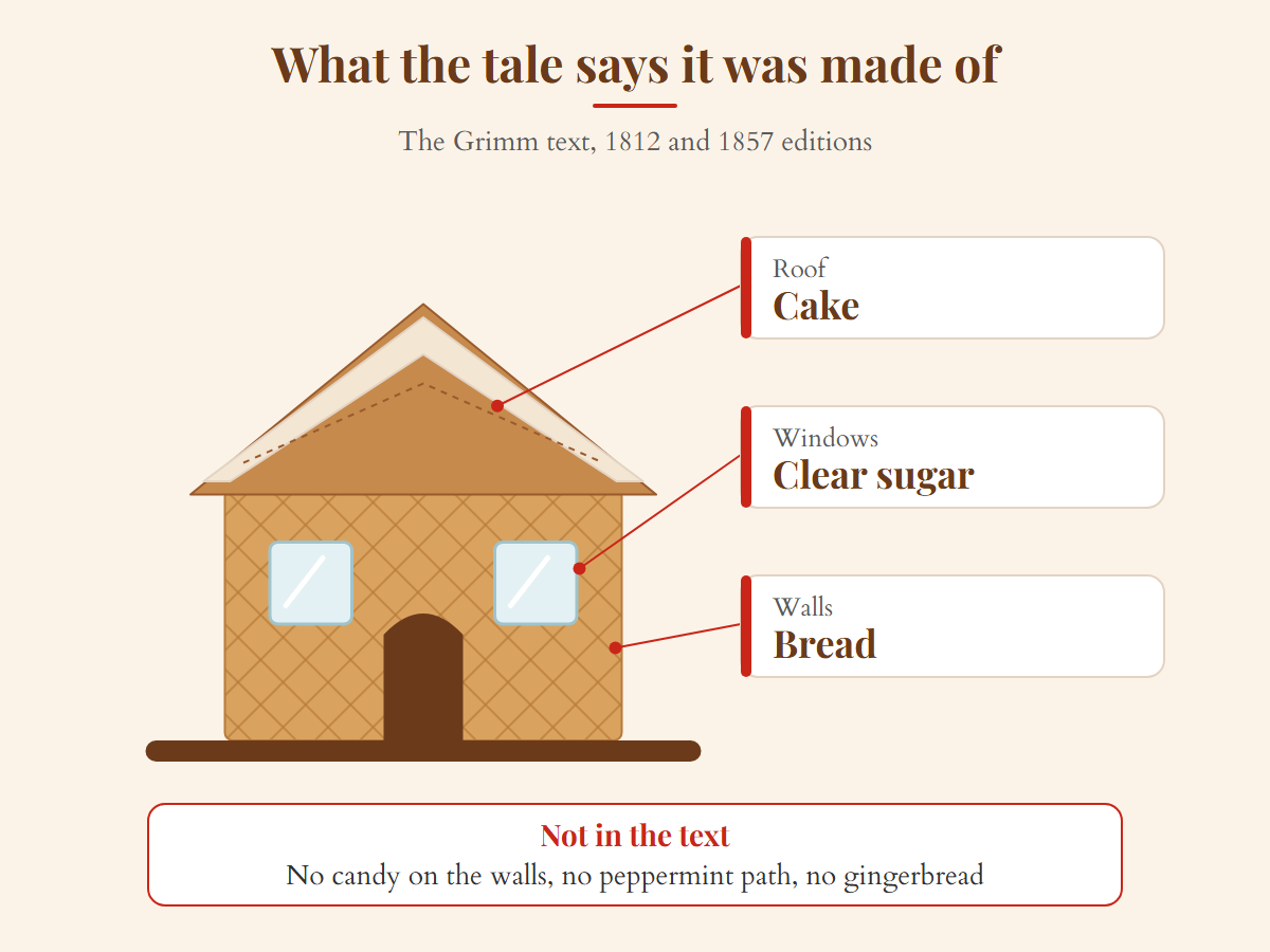 Hansel and Gretel gingerbread house in the Grimm tale: walls of bread, a roof of cake, windows of clear sugar, no candy