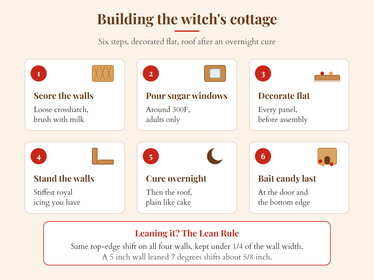 Hansel and Gretel gingerbread house plan: score walls, pour sugar windows, decorate flat, stand walls, cure, bait candy last