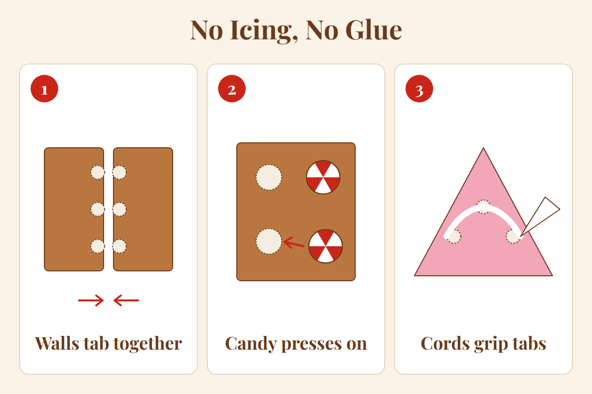 three step diagram: walls join with hook and loop tabs, candy presses onto a tab, a soft cord grips the roof tabs