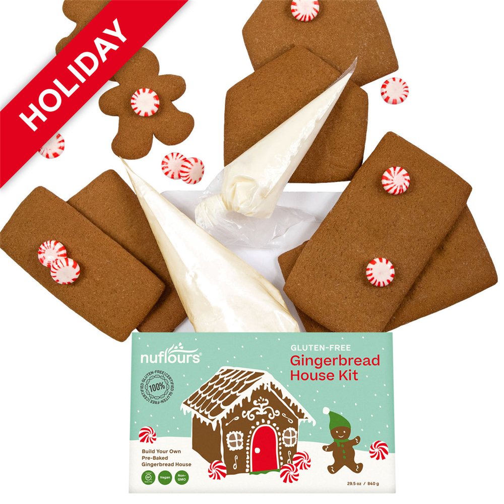 Nuflours gluten-free vegan gingerbread house kit box with baked panels, icing bags and peppermints