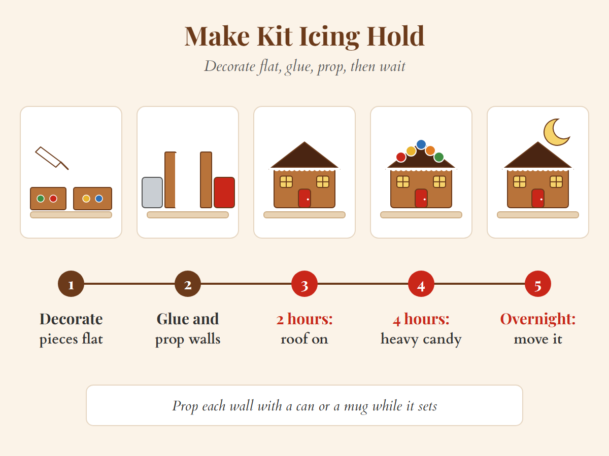 Stranger Things gingerbread house kit icing: decorate flat, glue and prop, roof at 2 hours, candy at 4, move after overnight