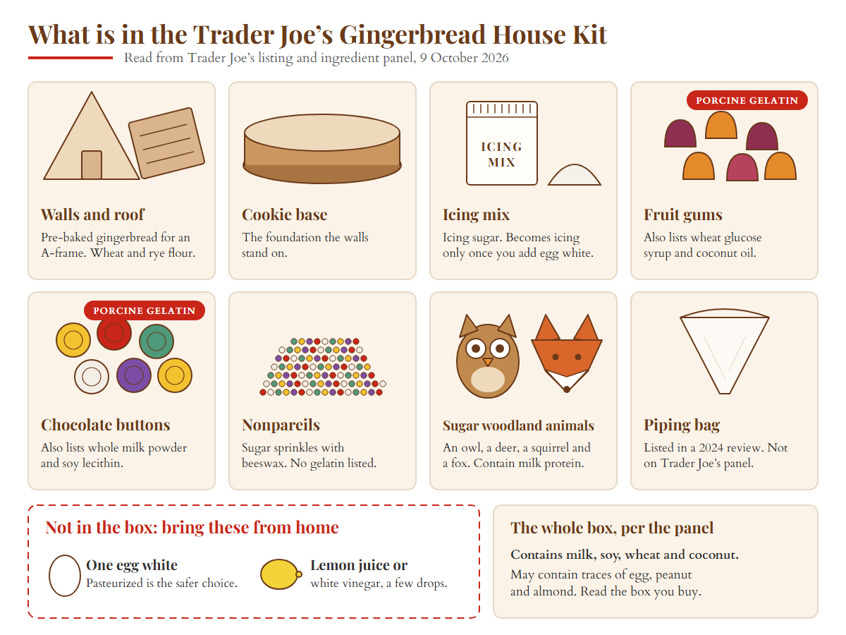 diagram of everything in the Trader Joe's gingerbread house kit, from the panels and icing mix to the sugar woodland animals