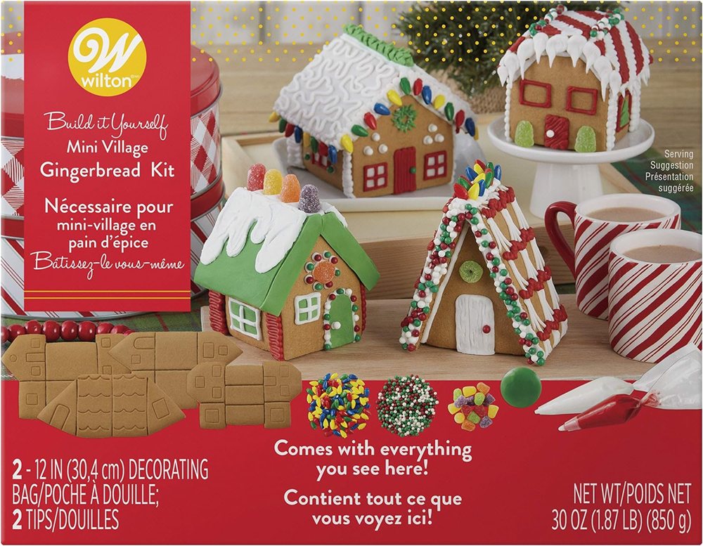 Wilton build it yourself mini gingerbread village kit box with four decorated small houses