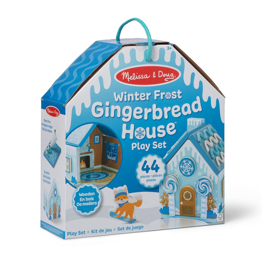 Melissa and Doug Winter Frost Gingerbread House Play Set box, house shaped with a rope handle, marked 44 pieces and 3 plus